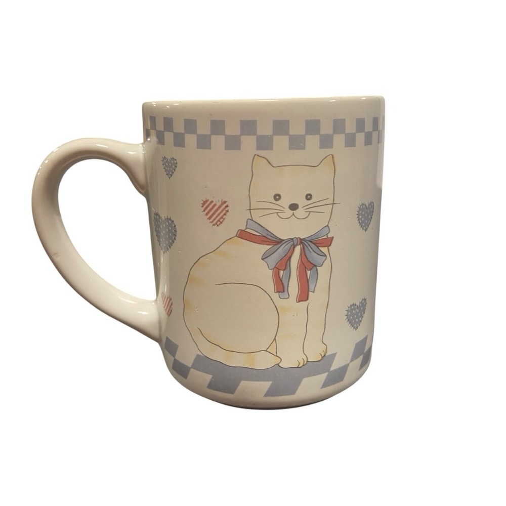 Vintage 80's Cottagecore PASTEL CATS Checkers & Hearts Orange Tabby Coffee Mugs
